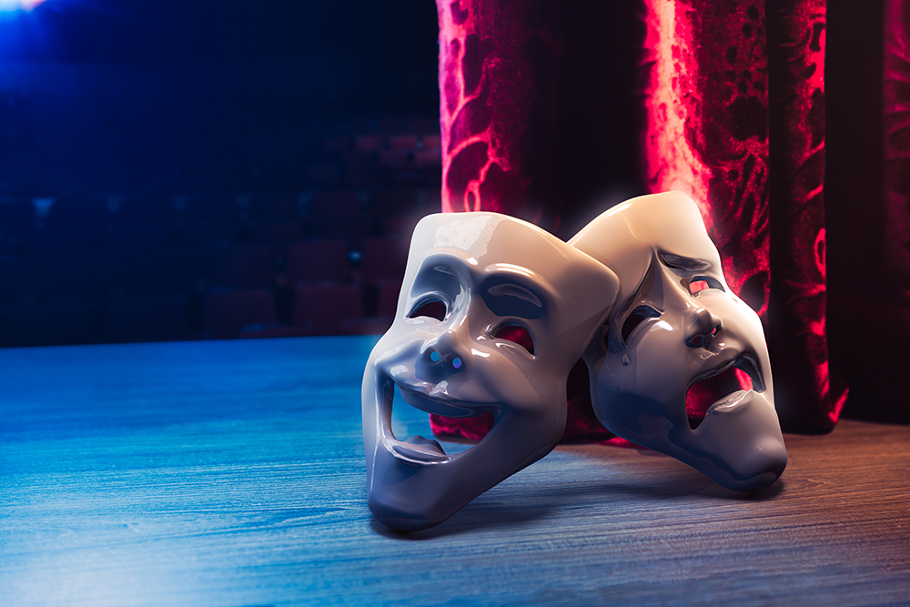 Theater masks, drama and comedy with a red curtain / 3D Renderin