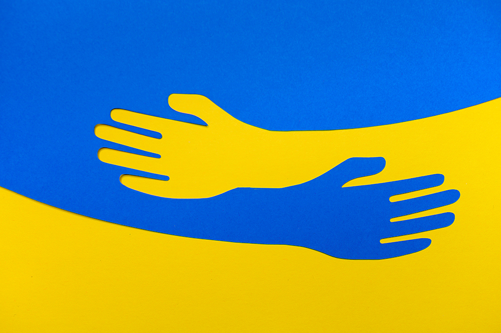 Support for Ukraine. Embrace icon, arms hugging, War in Ukraine,