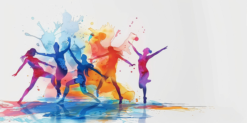 A group of women are dancing in a splash of colors. Concept of joy and energy, as the women are all smiling and having fun. The vibrant colors and dynamic poses of the women create a lively