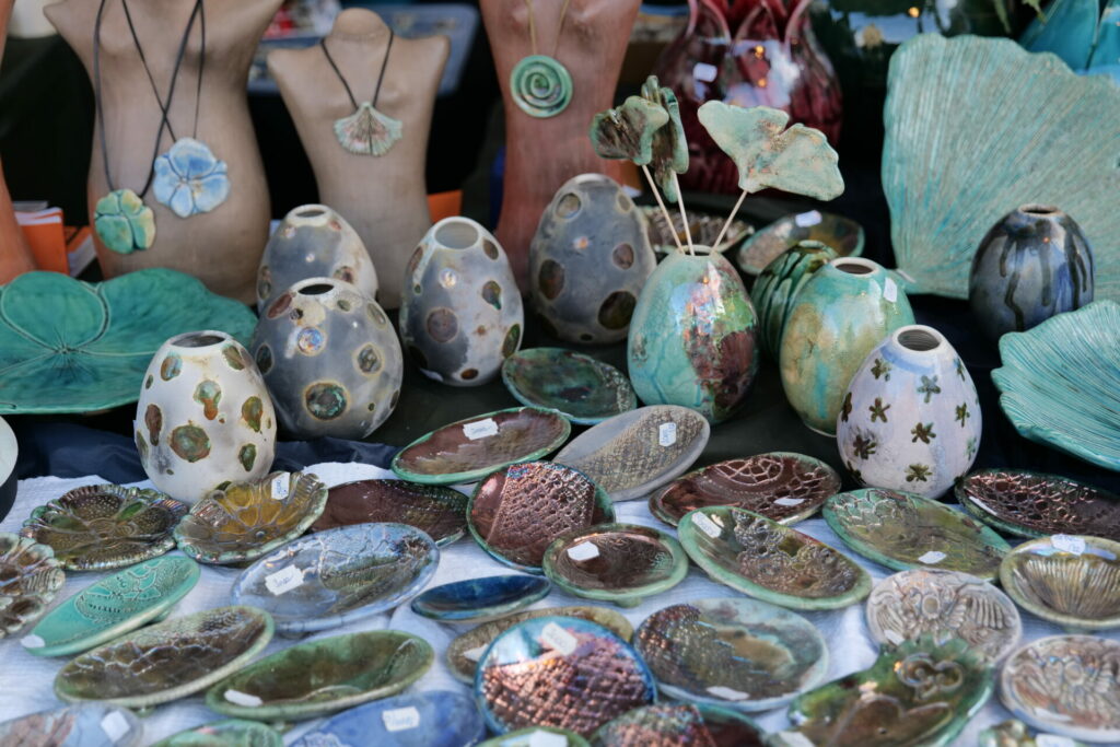Beautiful colorful traditional ceramic crafted decoration items in the handicraft market.